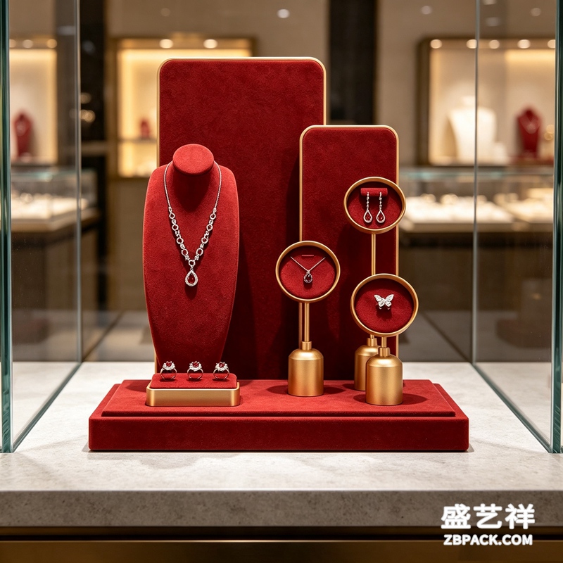 酒红丝绒金杆珠宝橱窗展示架 CC43 | Wine‑Red Velvet Gold‑Pole Jewelry Display Set CC43 - 细节图4