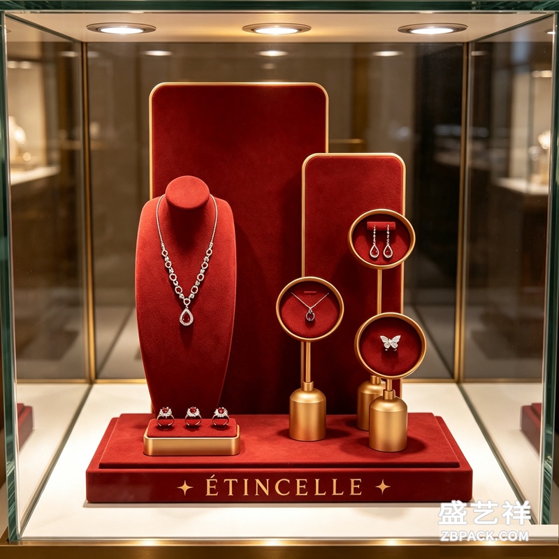 酒红丝绒金杆珠宝橱窗展示架 CC43 | Wine‑Red Velvet Gold‑Pole Jewelry Display Set CC43 - 细节图2