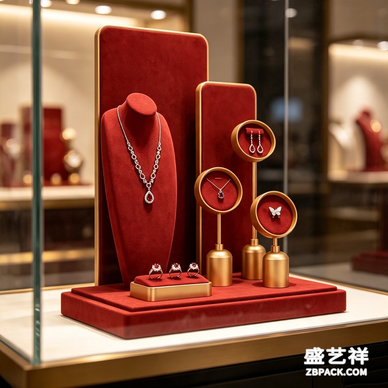 酒红丝绒金杆珠宝橱窗展示架 CC43 | Wine‑Red Velvet Gold‑Pole Jewelry Display Set CC43