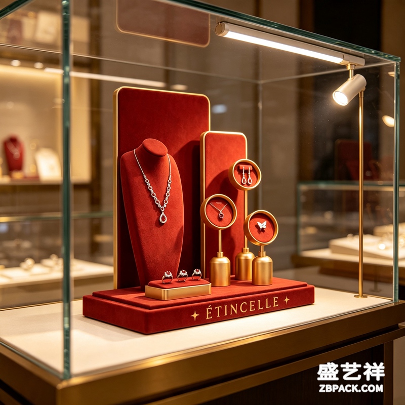 酒红丝绒金杆珠宝橱窗展示架 CC43 | Wine‑Red Velvet Gold‑Pole Jewelry Display Set CC43 - 细节图3