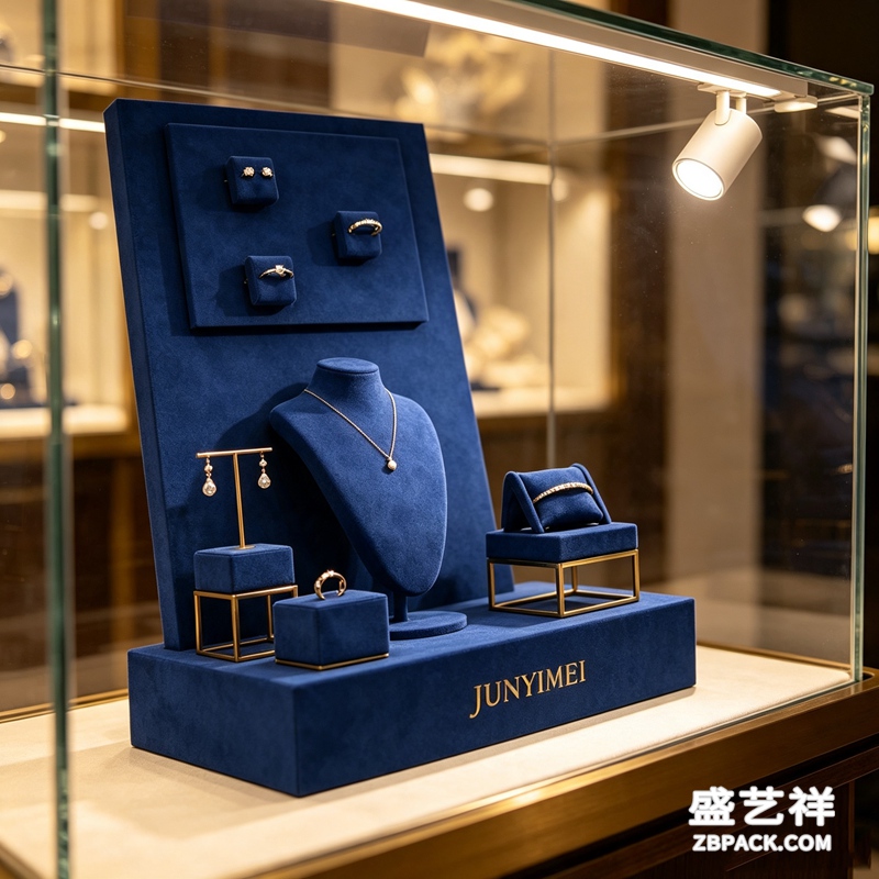 宝蓝绒布金框珠宝橱窗展示套装 CC46 | Sapphire‑Blue Velvet Gold‑Frame Jewelry Display Set CC46 - 细节图2