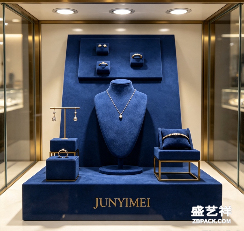 宝蓝绒布金框珠宝橱窗展示套装 CC46 | Sapphire‑Blue Velvet Gold‑Frame Jewelry Display Set CC46 - 细节图3