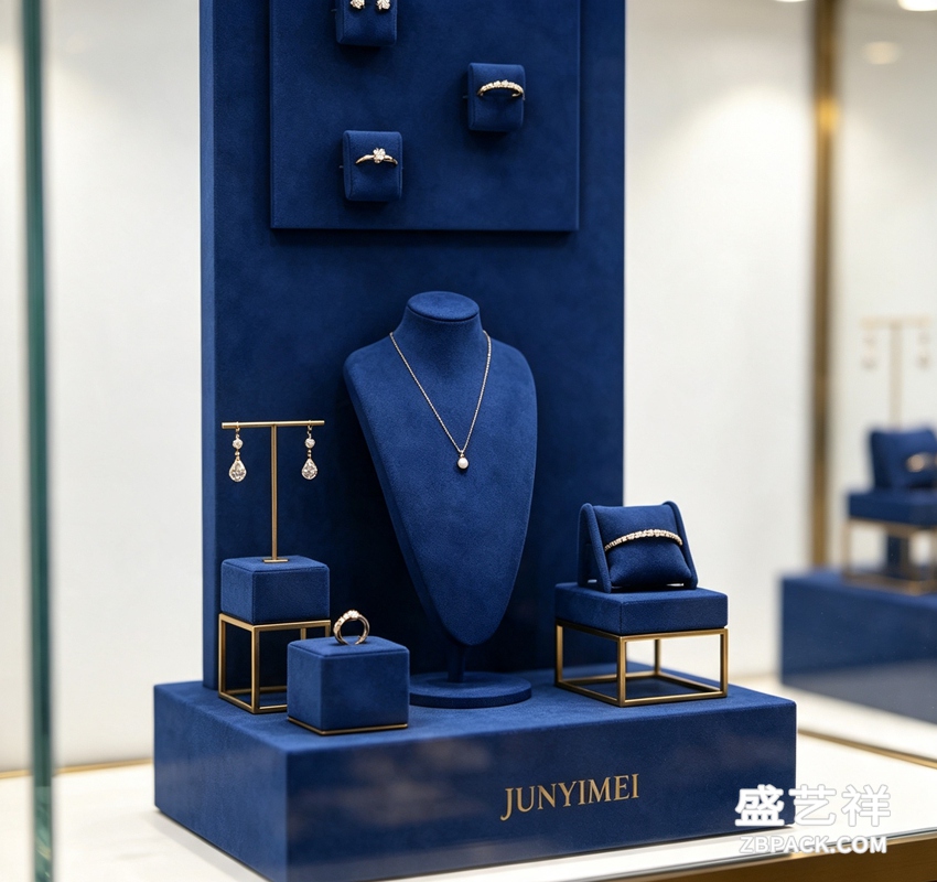 宝蓝绒布金框珠宝橱窗展示套装 CC46 | Sapphire‑Blue Velvet Gold‑Frame Jewelry Display Set CC46 - 细节图4