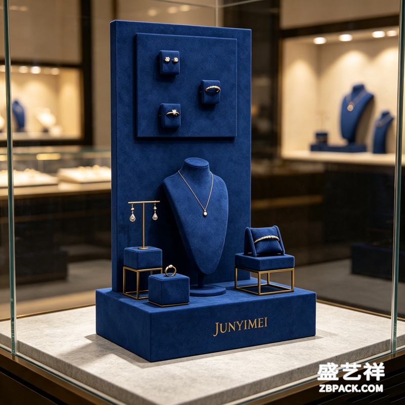 宝蓝绒布金框珠宝橱窗展示套装 CC46 | Sapphire‑Blue Velvet Gold‑Frame Jewelry Display Set CC46