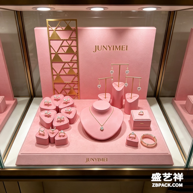 蜜桃粉几何金饰珠宝柜台展示套装 CC47 | Peach‑Pink Geometric Gold Jewelry Counter Set CC47