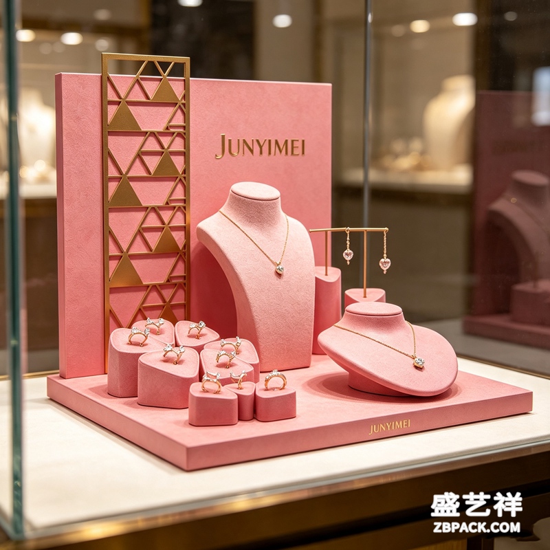 蜜桃粉几何金饰珠宝柜台展示套装 CC47 | Peach‑Pink Geometric Gold Jewelry Counter Set CC47 - 细节图4