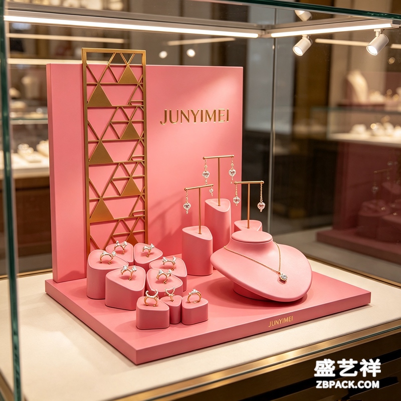 蜜桃粉几何金饰珠宝柜台展示套装 CC47 | Peach‑Pink Geometric Gold Jewelry Counter Set CC47 - 细节图3