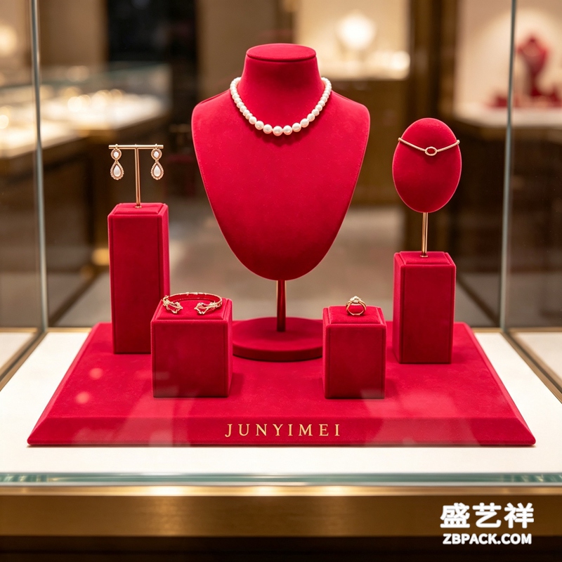 大红绒布珠宝柜台展示套装 CC48 | Red Velvet Jewelry Counter Display Set CC48