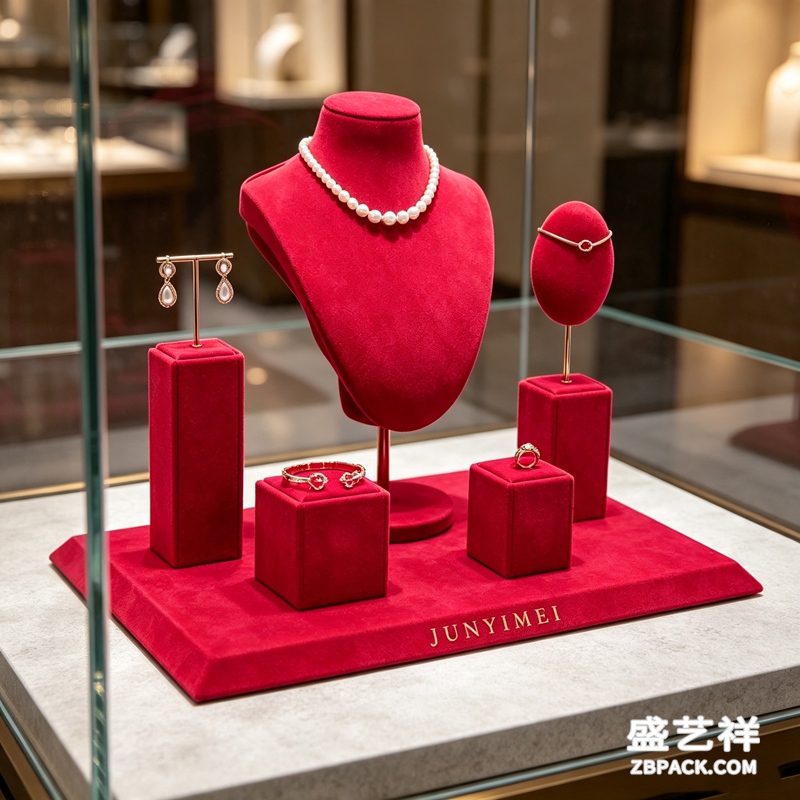 大红绒布珠宝柜台展示套装 CC48 | Red Velvet Jewelry Counter Display Set CC48 - 细节图2