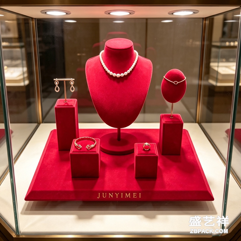 大红绒布珠宝柜台展示套装 CC48 | Red Velvet Jewelry Counter Display Set CC48 - 细节图4