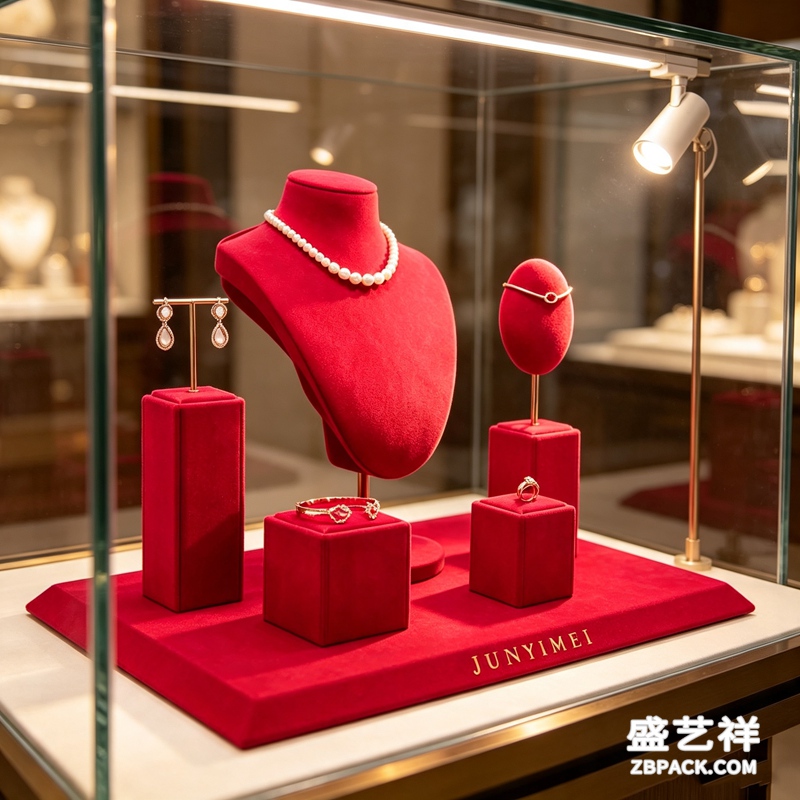 大红绒布珠宝柜台展示套装 CC48 | Red Velvet Jewelry Counter Display Set CC48 - 细节图3