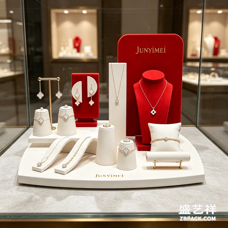 白红撞色轻奢珠宝柜台展示套装 CC49 | White‑Red Contrast Luxury Jewelry Counter Set CC49 - 细节图2