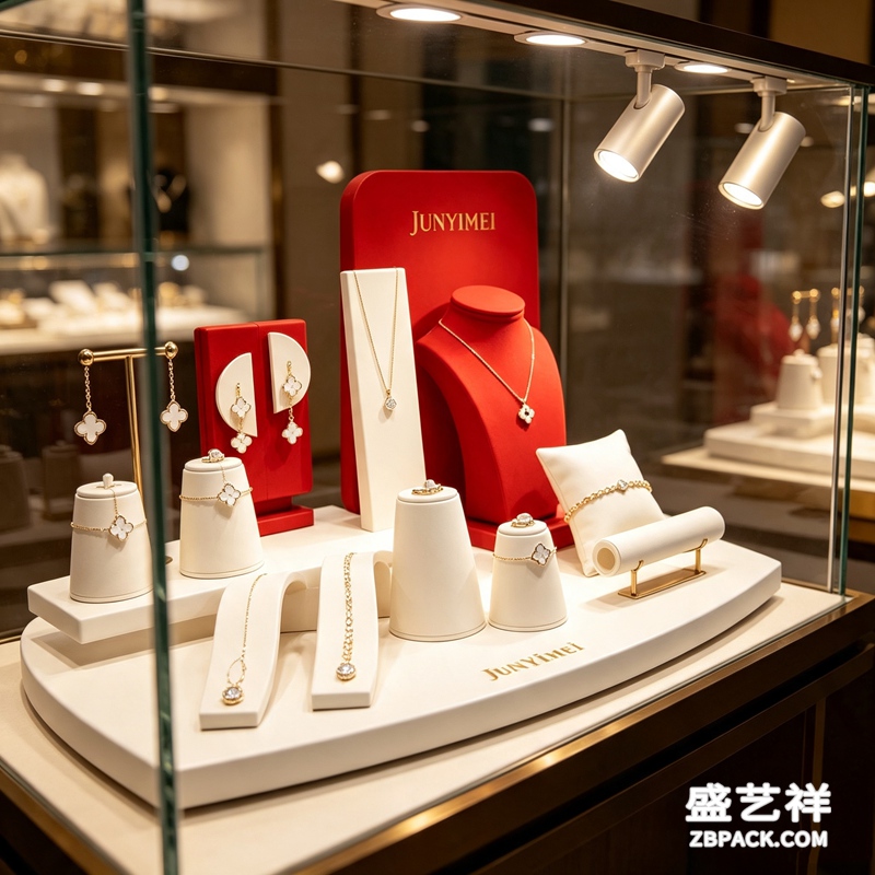 白红撞色轻奢珠宝柜台展示套装 CC49 | White‑Red Contrast Luxury Jewelry Counter Set CC49 - 细节图3