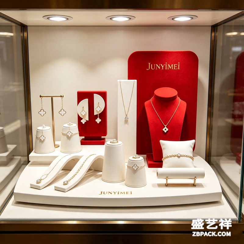 白红撞色轻奢珠宝柜台展示套装 CC49 | White‑Red Contrast Luxury Jewelry Counter Set CC49 - 细节图4