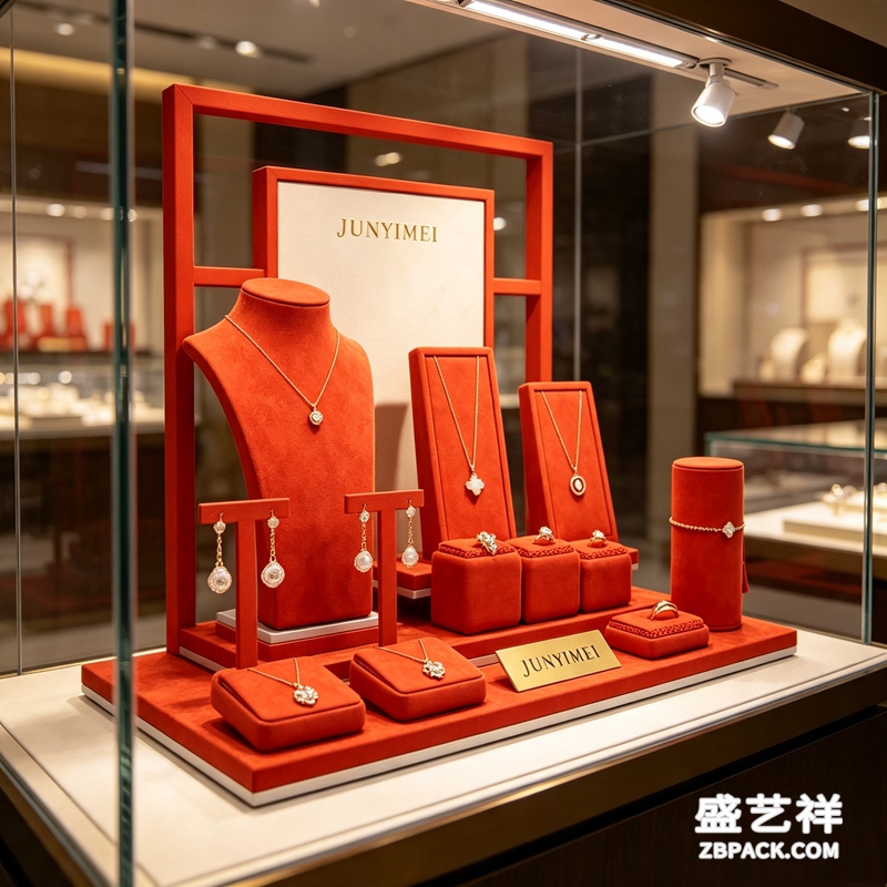 新中式红框珠宝橱窗展示套装 CC50 | New‑Chinese Red‑Frame Jewelry Display Set CC50 - 细节图2