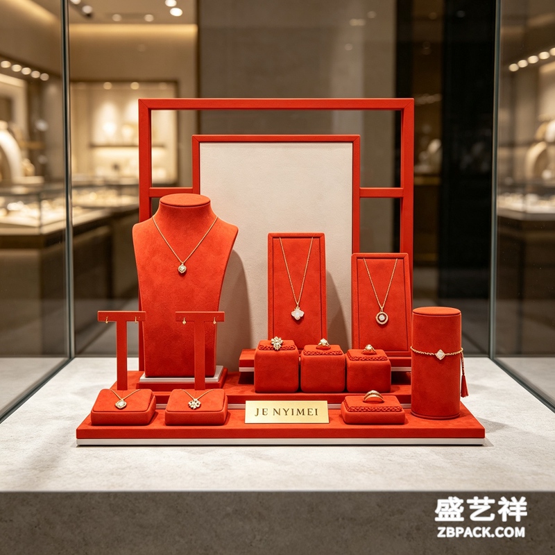 新中式红框珠宝橱窗展示套装 CC50 | New‑Chinese Red‑Frame Jewelry Display Set CC50