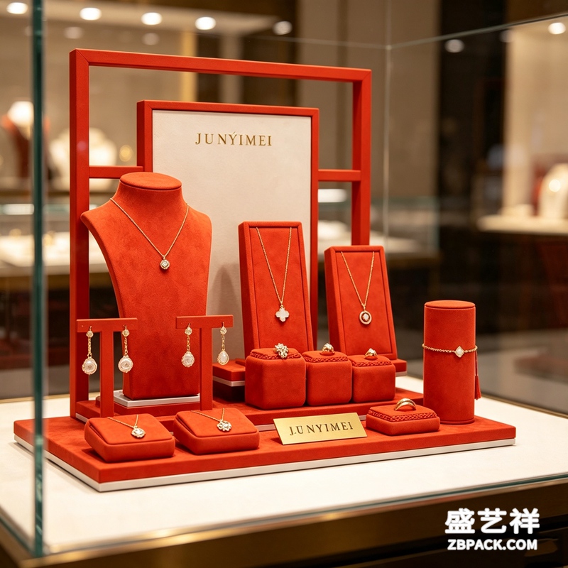 新中式红框珠宝橱窗展示套装 CC50 | New‑Chinese Red‑Frame Jewelry Display Set CC50 - 细节图4