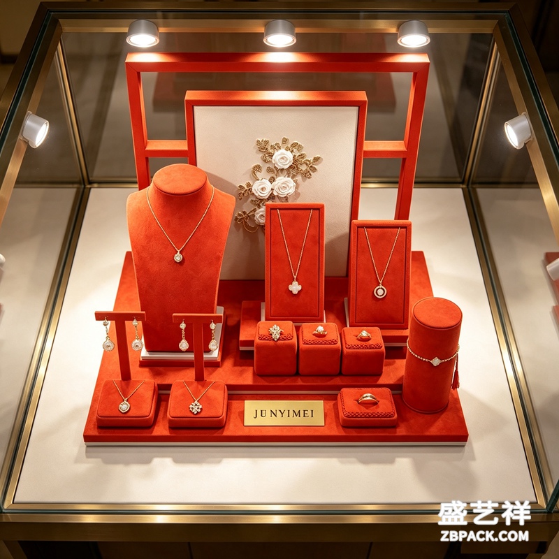 新中式红框珠宝橱窗展示套装 CC50 | New‑Chinese Red‑Frame Jewelry Display Set CC50 - 细节图3