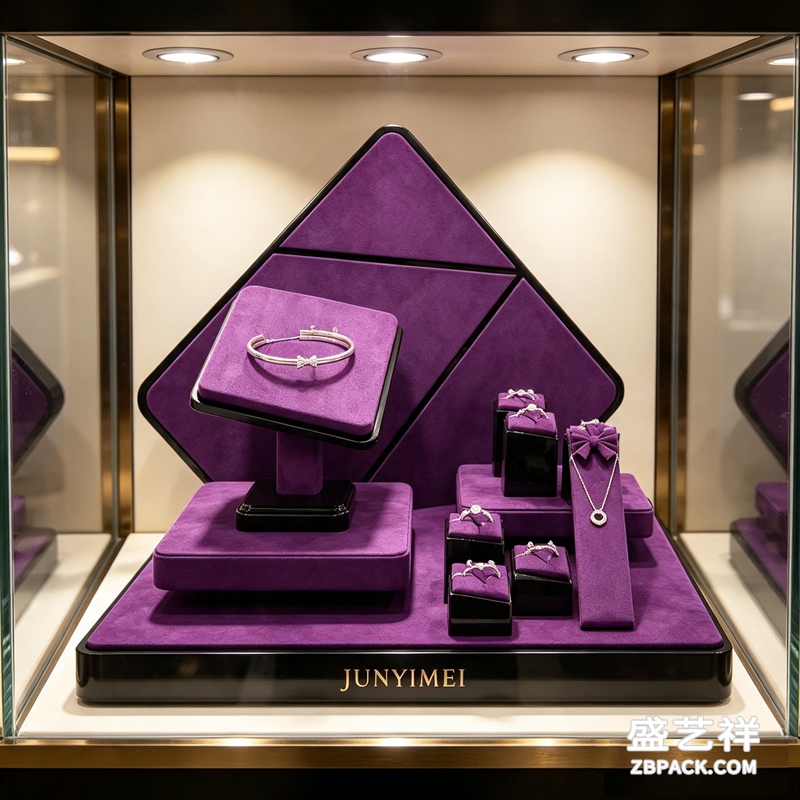 紫色绒布菱形珠宝橱窗展示套装 CC52 | Purple Velvet Diamond-Shape Jewelry Display Set CC52