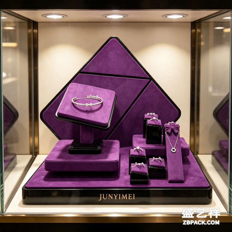 紫色绒布菱形珠宝橱窗展示套装 CC52 | Purple Velvet Diamond-Shape Jewelry Display Set CC52 - 细节图4