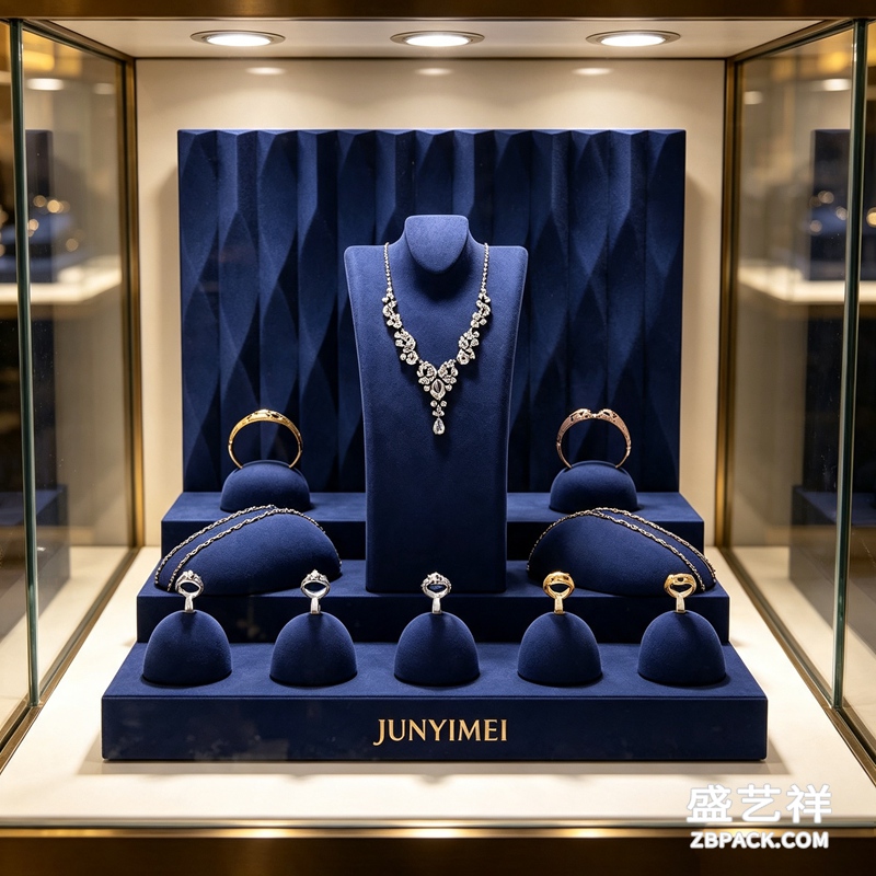 藏蓝立体褶皱绒布珠宝橱窗展示套装 CC53 | Navy‑Blue Pleated Velvet Jewelry Display Set CC53