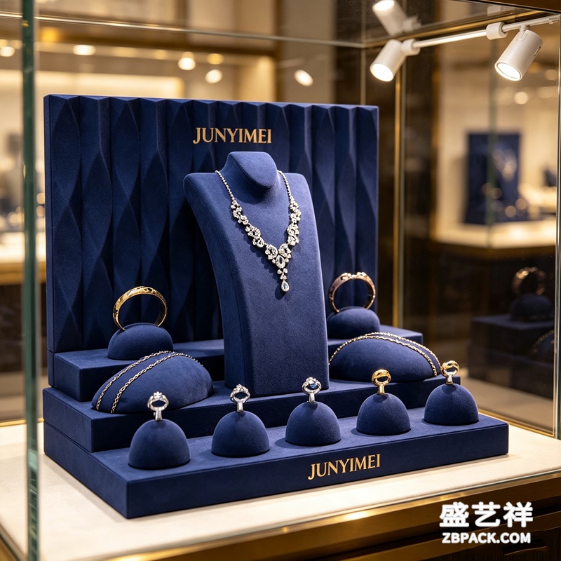 藏蓝立体褶皱绒布珠宝橱窗展示套装 CC53 | Navy‑Blue Pleated Velvet Jewelry Display Set CC53 - 细节图3