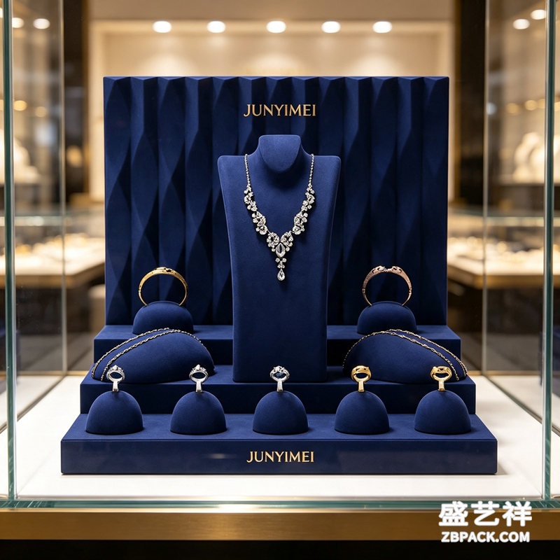 藏蓝立体褶皱绒布珠宝橱窗展示套装 CC53 | Navy‑Blue Pleated Velvet Jewelry Display Set CC53 - 细节图4