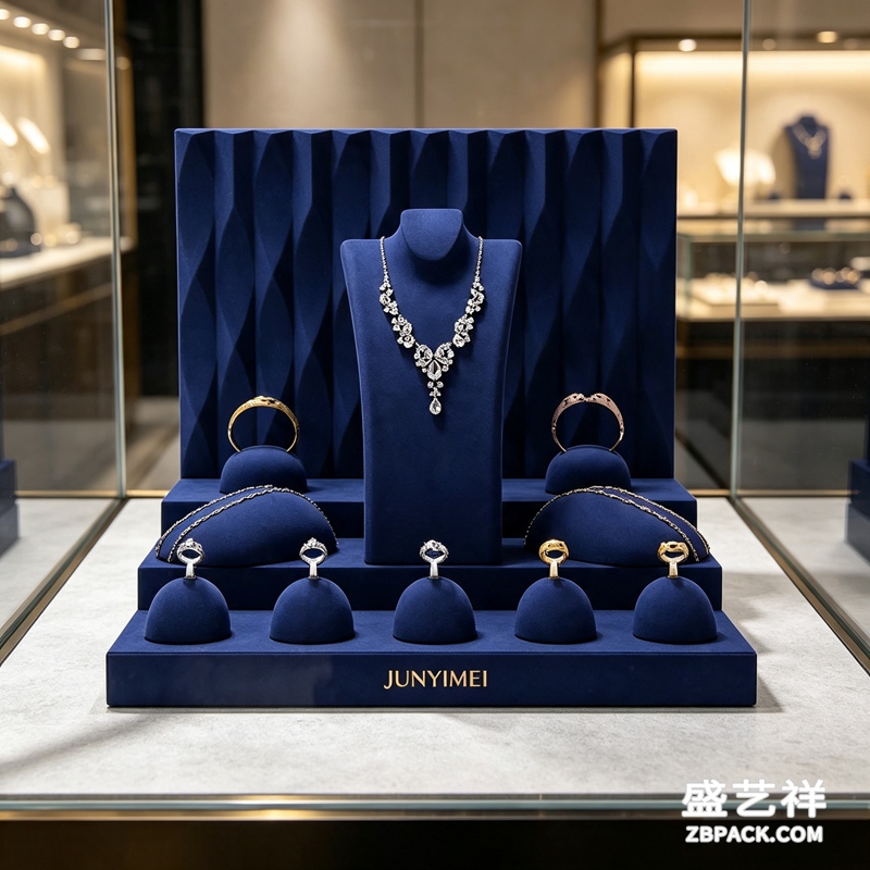 藏蓝立体褶皱绒布珠宝橱窗展示套装 CC53 | Navy‑Blue Pleated Velvet Jewelry Display Set CC53 - 细节图2