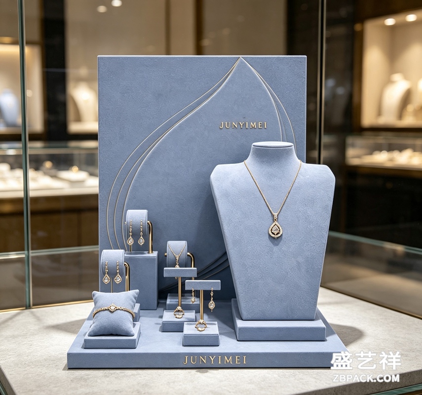 雾霾蓝烫金线条珠宝柜台展示套装 CC56 | Haze‑Blue Gold‑Line Jewelry Counter Display Set CC56 - 细节图2