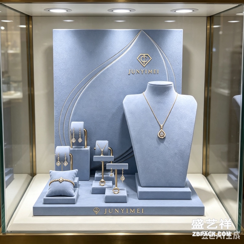 雾霾蓝烫金线条珠宝柜台展示套装 CC56 | Haze‑Blue Gold‑Line Jewelry Counter Display Set CC56