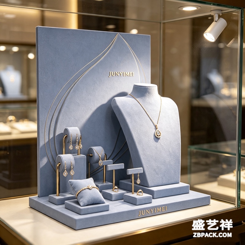 雾霾蓝烫金线条珠宝柜台展示套装 CC56 | Haze‑Blue Gold‑Line Jewelry Counter Display Set CC56 - 细节图3