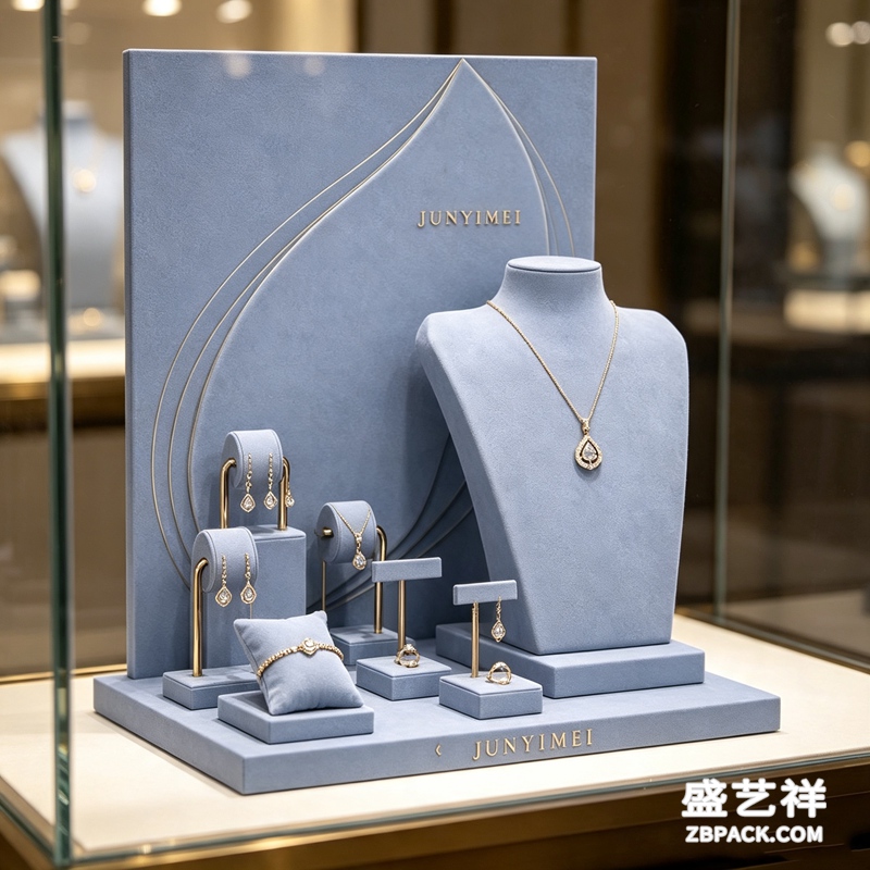 雾霾蓝烫金线条珠宝柜台展示套装 CC56 | Haze‑Blue Gold‑Line Jewelry Counter Display Set CC56 - 细节图4
