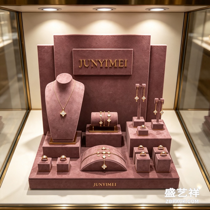 豆沙粉绒布分层珠宝橱窗展示套装 CC58 | Dusky‑Pink Velvet Layered Jewelry Display Set CC58 - 细节图4