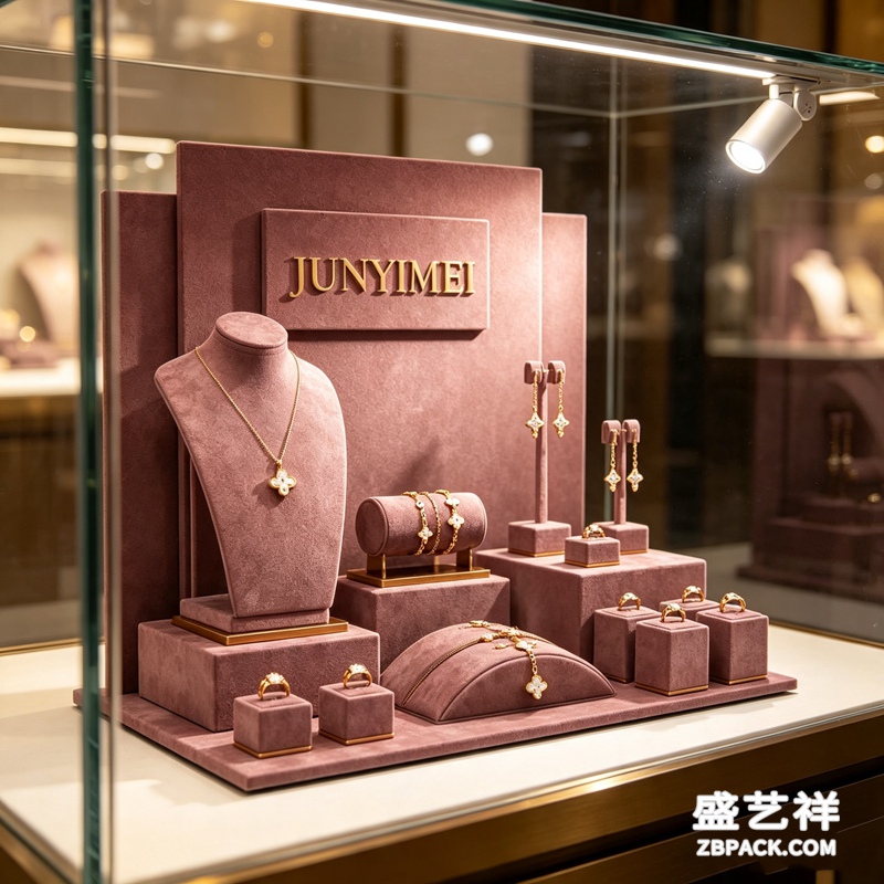 豆沙粉绒布分层珠宝橱窗展示套装 CC58 | Dusky‑Pink Velvet Layered Jewelry Display Set CC58 - 细节图2