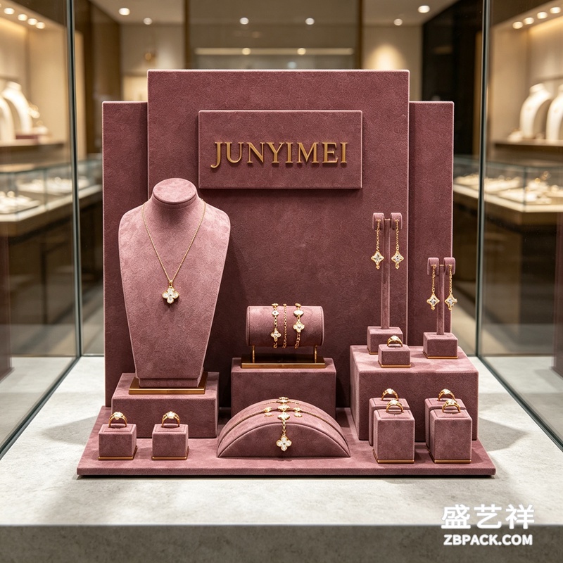 豆沙粉绒布分层珠宝橱窗展示套装 CC58 | Dusky‑Pink Velvet Layered Jewelry Display Set CC58