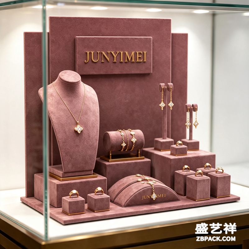 豆沙粉绒布分层珠宝橱窗展示套装 CC58 | Dusky‑Pink Velvet Layered Jewelry Display Set CC58 - 细节图5