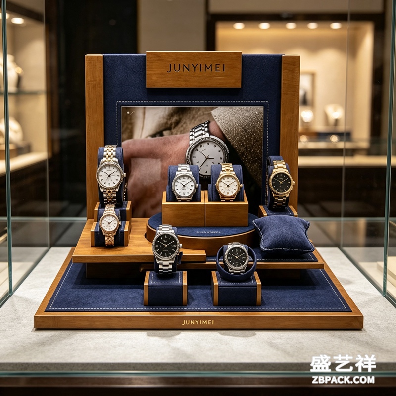 实木藏蓝绒布腕表橱窗展示套装 CC59 | Wood & Navy‑Blue Velvet Watch Display Set CC59