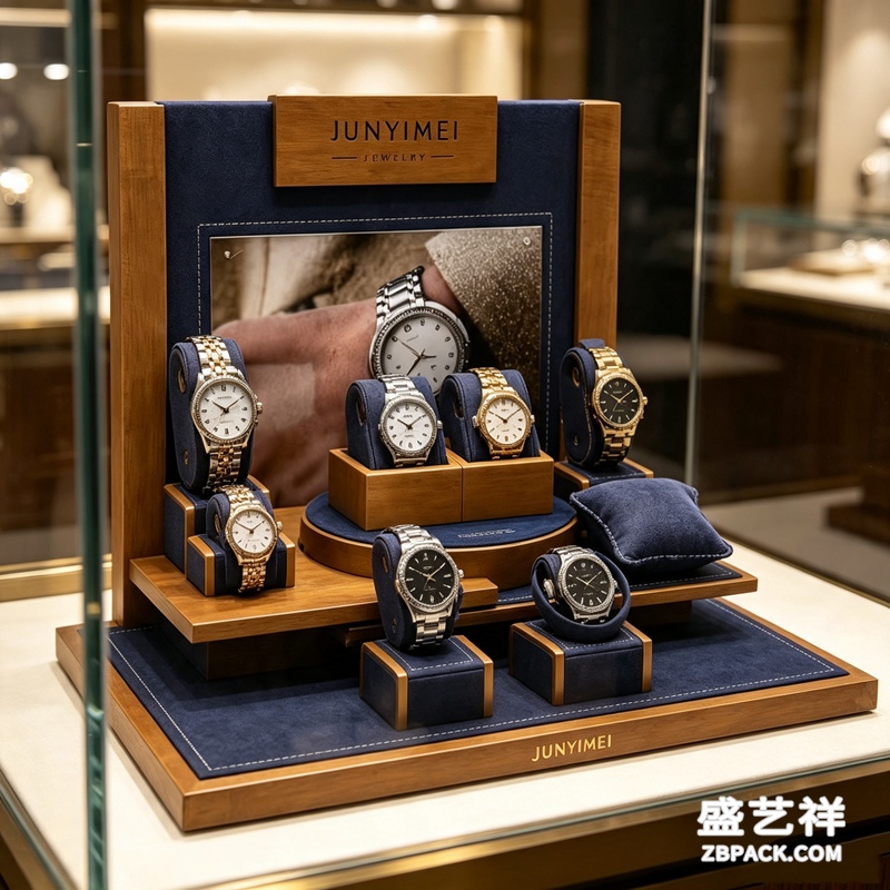 实木藏蓝绒布腕表橱窗展示套装 CC59 | Wood & Navy‑Blue Velvet Watch Display Set CC59 - 细节图4
