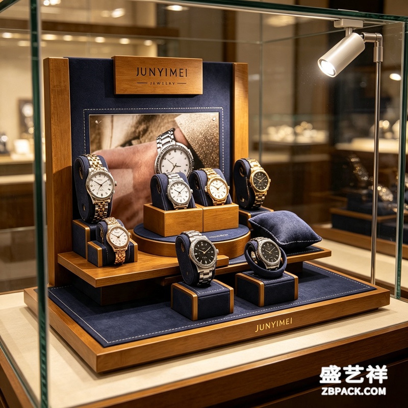 实木藏蓝绒布腕表橱窗展示套装 CC59 | Wood & Navy‑Blue Velvet Watch Display Set CC59 - 细节图2
