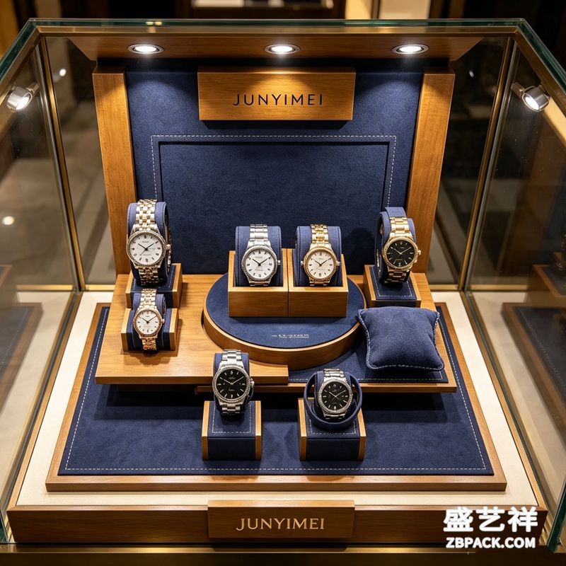 实木藏蓝绒布腕表橱窗展示套装 CC59 | Wood & Navy‑Blue Velvet Watch Display Set CC59 - 细节图3