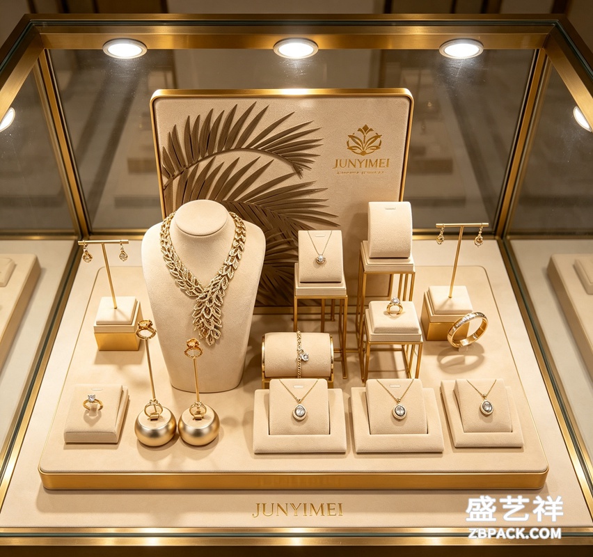 米白烫金棕榈叶艺术珠宝橱窗套装 CC60 | Cream Gold Palm‑Leaf Art Jewelry Display Set CC60 - 细节图4