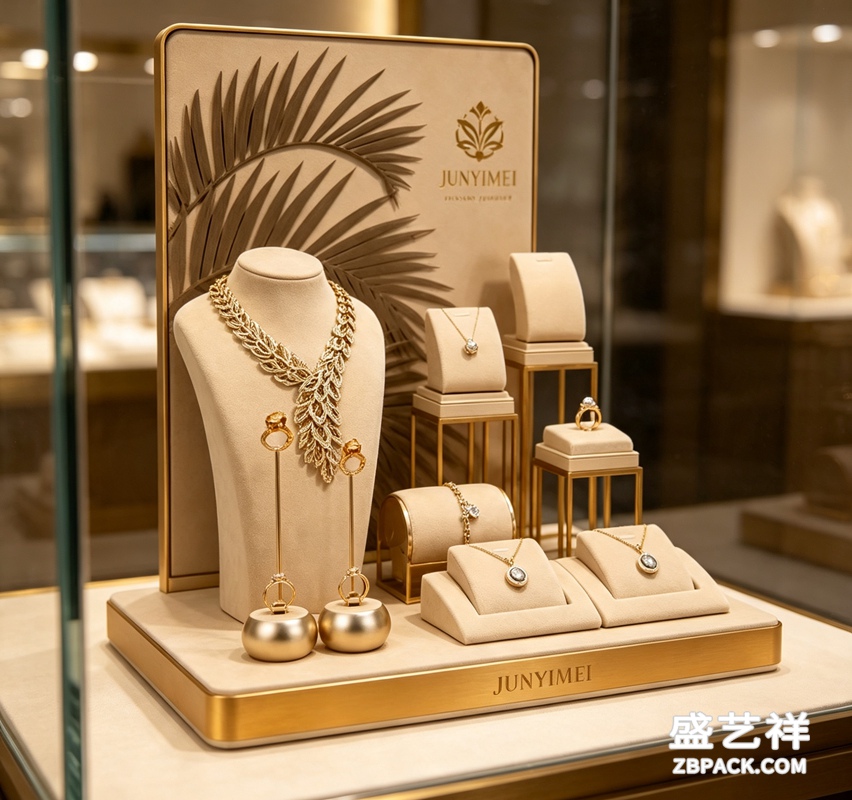 米白烫金棕榈叶艺术珠宝橱窗套装 CC60 | Cream Gold Palm‑Leaf Art Jewelry Display Set CC60