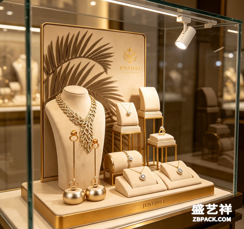 米白烫金棕榈叶艺术珠宝橱窗套装 CC60 | Cream Gold Palm‑Leaf Art Jewelry Display Set CC60 - 细节图3