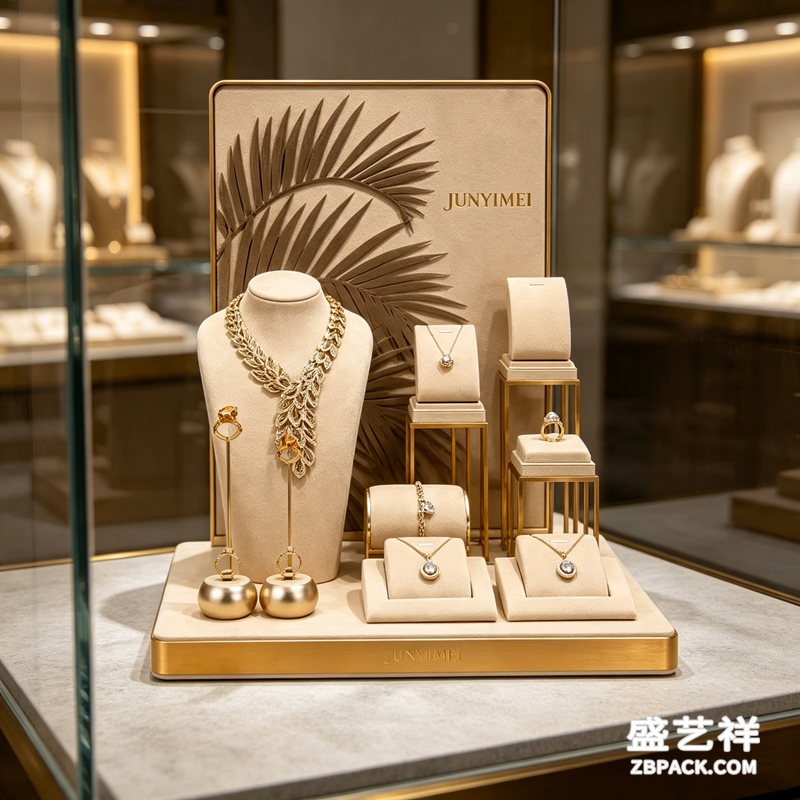 米白烫金棕榈叶艺术珠宝橱窗套装 CC60 | Cream Gold Palm‑Leaf Art Jewelry Display Set CC60 - 细节图2