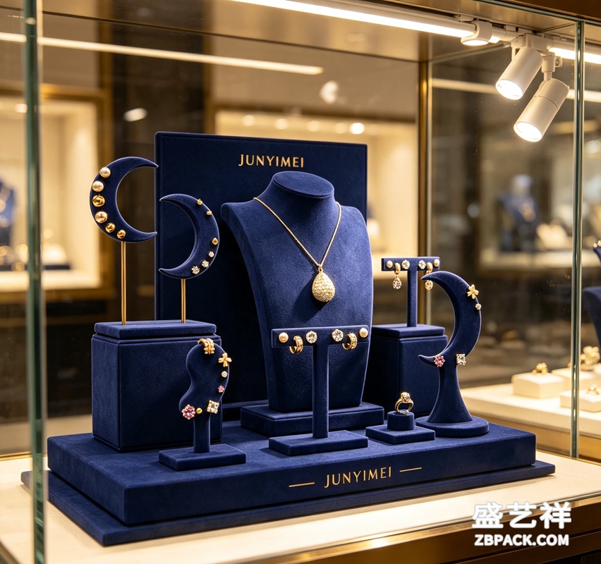 藏蓝月亮造型艺术珠宝橱窗展示套装 CC62 | Navy‑Blue Moon‑Shaped Art Jewelry Display Set CC62 - 细节图2