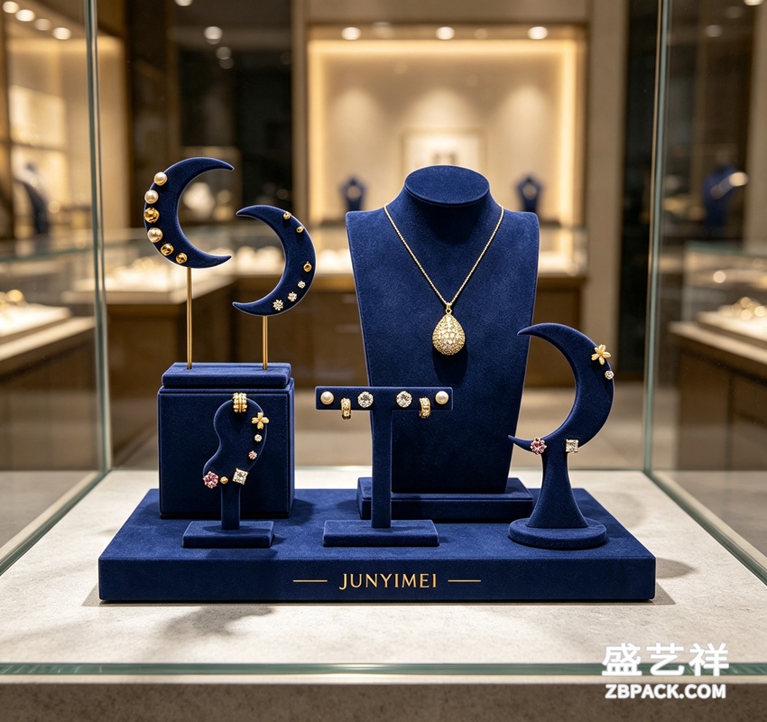 藏蓝月亮造型艺术珠宝橱窗展示套装 CC62 | Navy‑Blue Moon‑Shaped Art Jewelry Display Set CC62