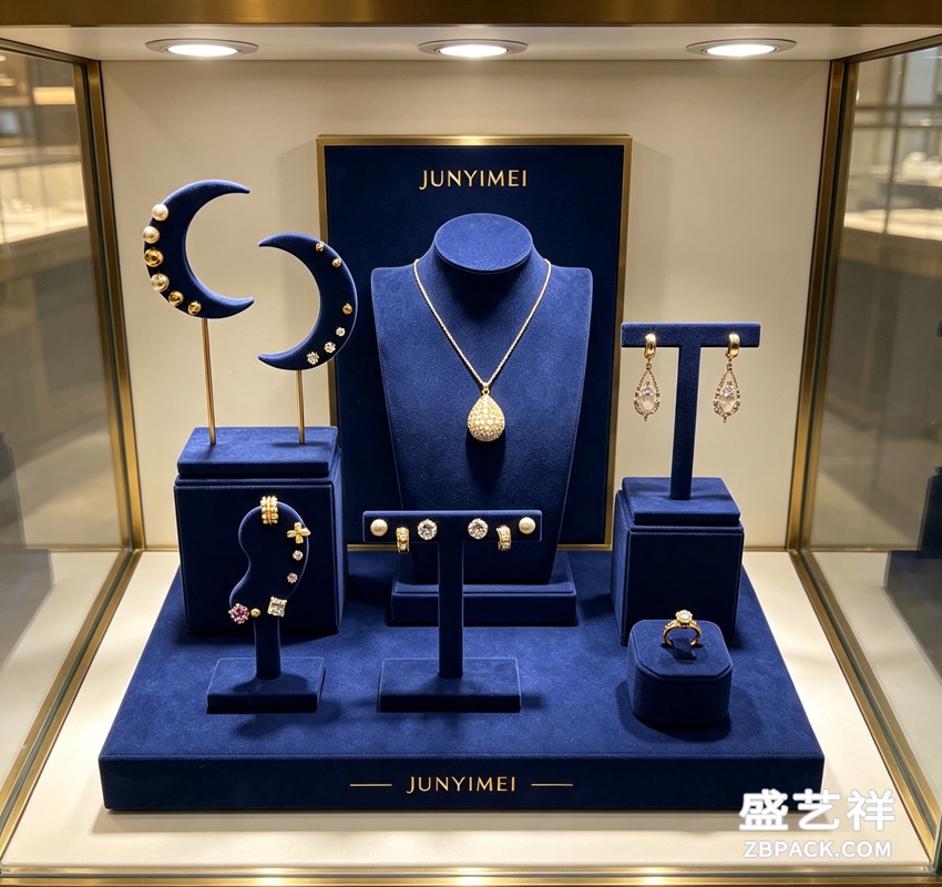藏蓝月亮造型艺术珠宝橱窗展示套装 CC62 | Navy‑Blue Moon‑Shaped Art Jewelry Display Set CC62 - 细节图3