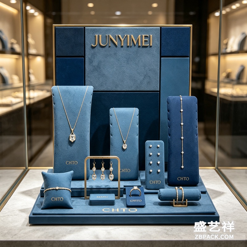 拼色雾霾蓝金框珠宝橱窗展示套装 CC63 | Color‑Block Haze‑Blue Gold‑Frame Jewelry Set CC63
