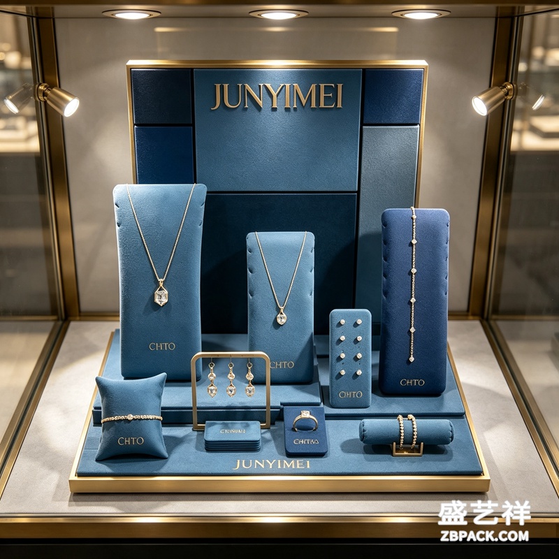 拼色雾霾蓝金框珠宝橱窗展示套装 CC63 | Color‑Block Haze‑Blue Gold‑Frame Jewelry Set CC63 - 细节图3