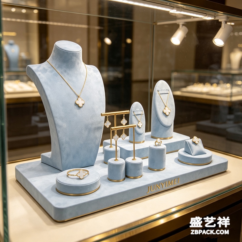 浅蓝金边四叶草套饰珠宝橱窗套装 CC64 | Light‑Blue Gold‑Trim Clover Jewelry Display Set CC64 - 细节图3